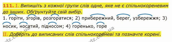 111. І. Випишіть з кожної групи слів одне, яке не є спільнокореневим до інших. Обґрунтуйте свій вибір. — ГДЗ Українська мова 5 клас Заболотний 2022