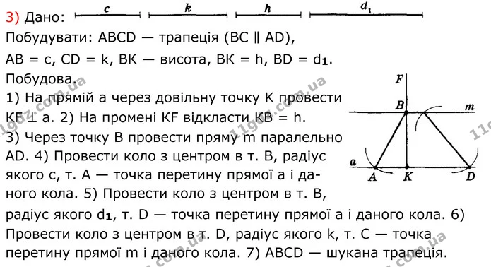272. Побудуйте трапецію: 1) за основами та діагоналями; 2) за бічними сторонами, середньою лінією та висотою; 3) за бічними сторонами — ГДЗ Геометрія 8 клас Мерзляк