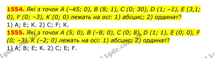 1554. Які з точок А (–45; 0), В (8; 1), C (0; 30), D (1; –1), E (3,1; 0), F (0; –3), K (0; 0) лежать на осі: 1) абсцис; 2) ординат? — ГДЗ Математика 6 клас Тарасенкова 2023 1-2 ч.