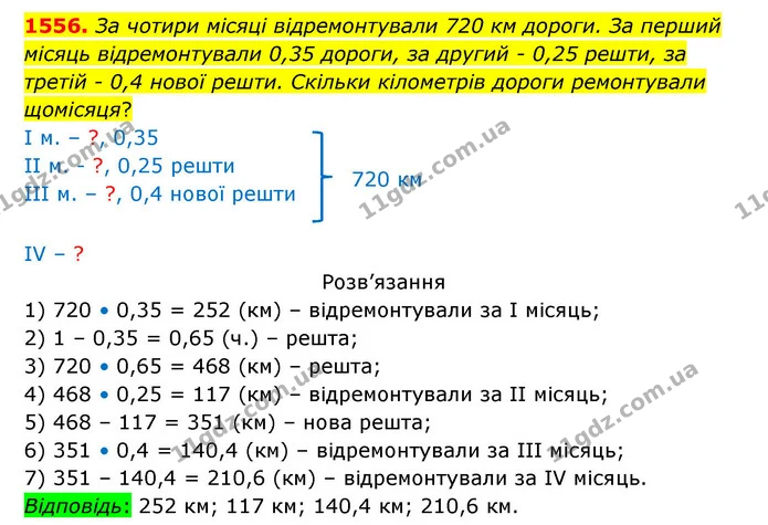 1556. За чотири місяці відремонтували 720 км дороги. За перший місяць відремонтували 0,35 дороги, за другий – 0,25 решти, за третій – — ГДЗ Математика 5 клас Бевз