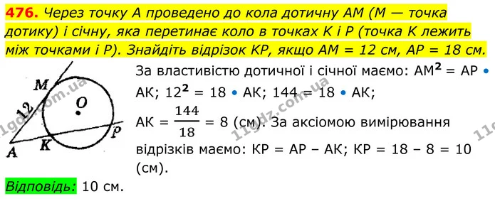 476. Через точку А проведено до кола дотичну AM (М — точка дотику) і січну, яка перетинає коло в точках K i P (точка K лежить між — ГДЗ Геометрія 8 клас Мерзляк