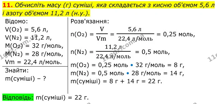 11. Обчисліть масу (г) суміші, яка складається з кисню об'ємом 5,6 л і азоту об'ємом 11,2 л (н.у.). — ГДЗ Хімія 8 клас Мідак