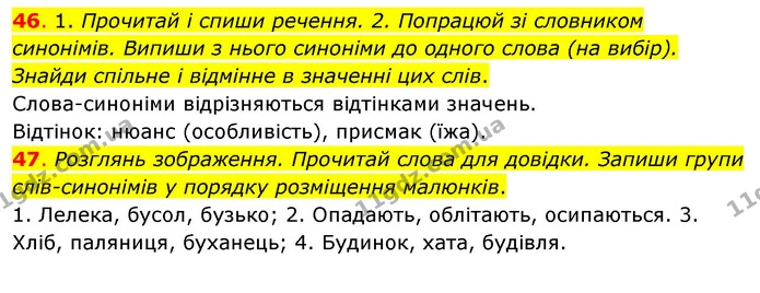 46. 1. Прочитай і спиши речення. 2. Попрацюй зі словником синонімів. Випиши з нього синоніми до одного слова (на вибір). Знайди спільне — ГДЗ Українська мова та читання 3 клас Кравцова (1 частина)