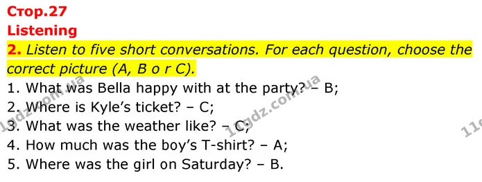 2. Listen to five short conversations. For each question, choose the correct picture (A, B o r C). — ГДЗ Англійська мова 6 клас Коста (Prepare 6)
