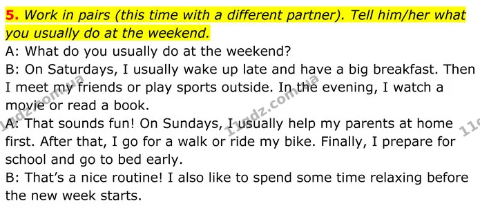 5. Work in pairs (this time with a different partner). Tell him/her what you usually do at the weekend. — ГДЗ Англійська мова 8 клас Карпюк 2025