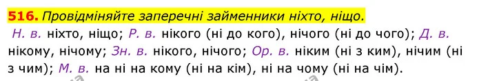 516. Провідміняйте заперечні займенники ніхто, ніщо. — ГДЗ Відповіді Українська мова 6 клас Єрмоленко