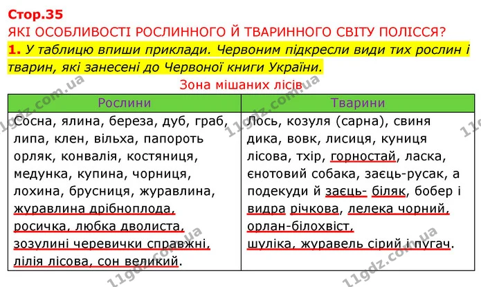 1. У таблицю впиши приклади. Червоним підкресли види тих рослин і тварин, які занесені до Червоної книги України. — ГДЗ Робочий зошит Я досліджую світ 4 клас Грущинська