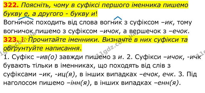 322. Поясніть, чому в суфіксі першого іменника пишемо букву е, а другого - букву и! — ГДЗ Українська мова 6 клас Заболотний 2020