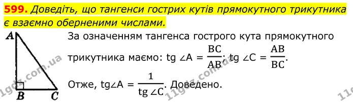 599. Доведіть, що тангенси гострих кутів прямокутного трикутника — ГДЗ Геометрія 8 клас Мерзляк