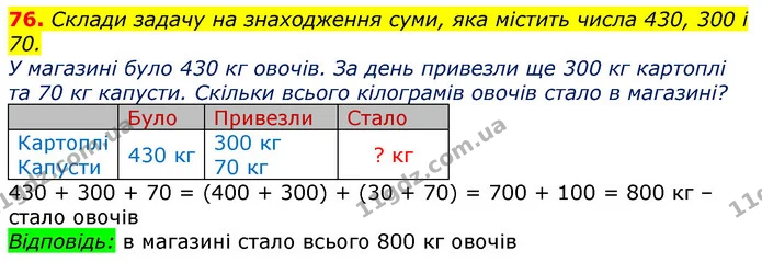 76. Склади задачу на знаходження суми, яка містить числа 430, 300 і 70. — ГДЗ Математика 3 клас Листопад 1-2 ч.