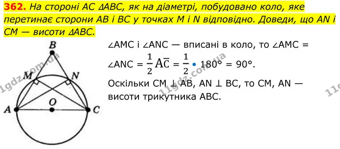 362. На стороні AC ∆ABC, як на діаметрі, побудовано коло, яке перетинає сторони AB і BC у точках M і N відповідно. Доведи, що AN і CM — — ГДЗ Геометрія 8 клас Бевз