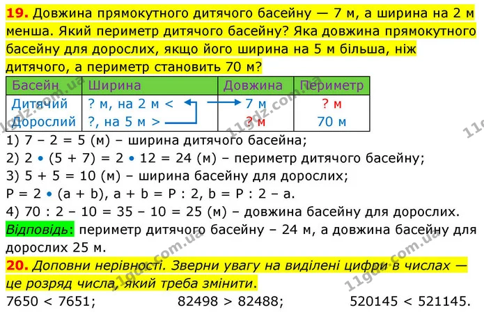 19. Довжина прямокутного дитячого басейну — 7 м, а ширина на 2 м менша. Який периметр дитячого басейну? Яка довжина прямокутного — ГДЗ Математика 4 клас Логачевська 1 та 2 частини