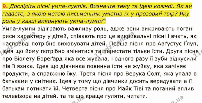 9. Дослідіть пісні умпа-лумпів. Визначте тему та ідею кожної. Як ви гадаєте, з якою метою письменник умістив їх у прозовий твір? Яку — ГДЗ Зарубіжна література 5 клас Ніколенко