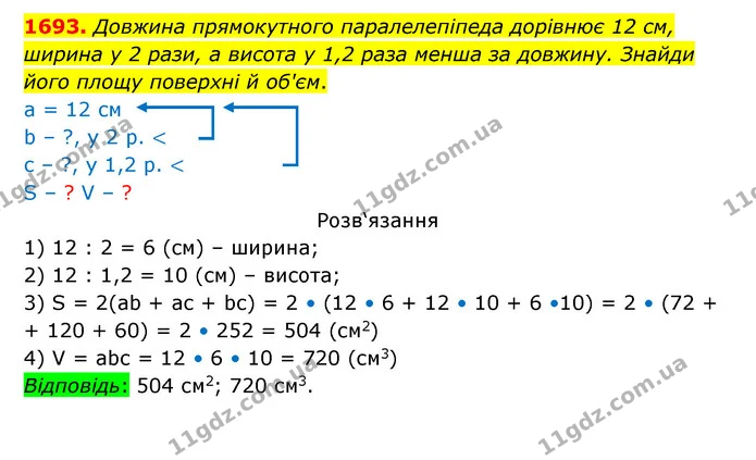 1693. Довжина прямокутного паралелепіпеда дорівнює 12 см, ширина у 2 рази, а висота у 1,2 раза менша за довжину. Знайди його площу — ГДЗ Математика 5 клас Бевз