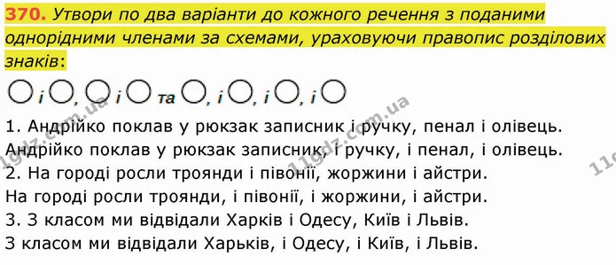 370. Утвори по два варіанти до кожного речення з поданими однорідними членами за схемами, ураховуючи правопис розділових знаків: — ГДЗ Українська мова 5 клас Онатій