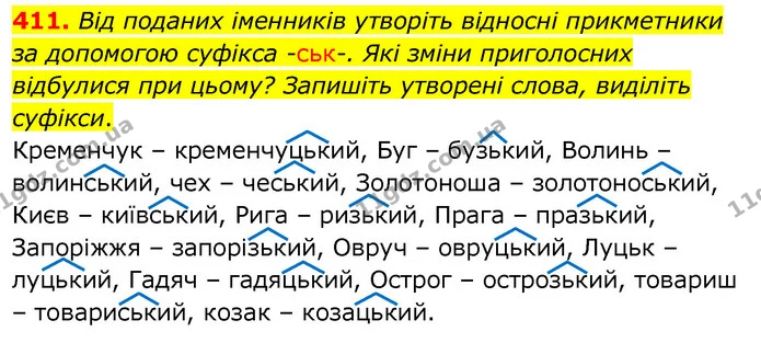 411. Від поданих іменників утворіть відносні прикметники за допомогою суфікса -ськ-. Які зміни приголосних відбулися при цьому? — ГДЗ Українська мова 6 клас Заболотний 2020