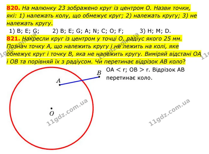820. На малюнку 23 зображено круг із центром О. Назви точки, які: 1) належать колу, що обмежує круг; 2) належать кругу; 3) не належать — ГДЗ Математика 6 клас Істер 2023 1-2 ч.