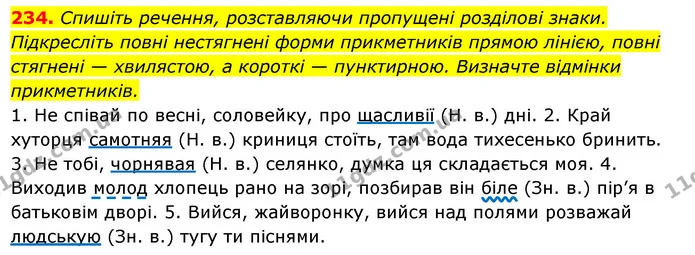 234. Спишіть речення, розставляючи пропущені розділові знаки. Підкресліть повні нестягнені форми прикметників прямою лінією, повні — ГДЗ Українська мова 6 клас Ворон, Солопенко