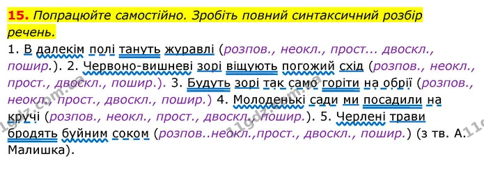 15. Попрацюйте самостійно. Зробіть повний синтаксичний розбір — ГДЗ Українська мова 6 клас Ворон, Солопенко