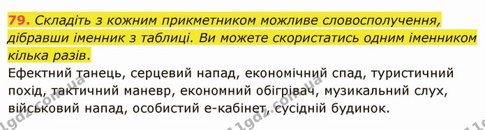 79. Складіть з кожним прикметником можливе словосполучення, дібравши іменник з таблиці. Ви можете скористатись одним іменником кілька — ГДЗ Українська мова 5 клас Заболотний 2022