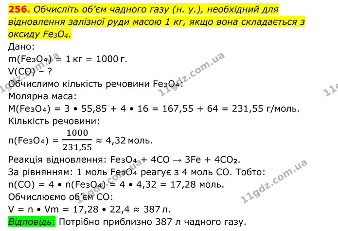 256. Обчисліть об’єм чадного газу (н. у.), необхідний для відновлення залізної руди масою 1 кг, якщо вона складається з оксиду Fe3O4. — ГДЗ Хімія 8 клас Григорович