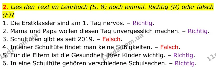 2. Lies den Text im Lehrbuch (S. 8) noch einmal. Richtig (R) oder falsch (F)? — ГДЗ робочий зошит Німецька мова 8 клас Басай