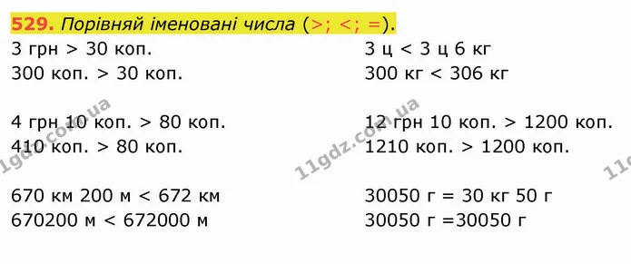 529. Порівняй іменовані числа (>; <; =). — ГДЗ Математика 4 клас Оляницька