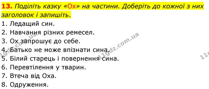 13. Поділіть казку «Ох» на частини. Доберіть до кожної з них заголовок і запишіть. — ГДЗ Українська література 5 клас Заболотний