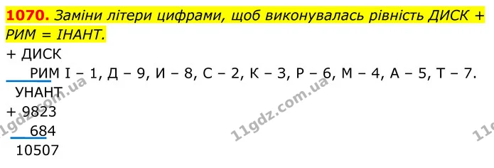 1070. Заміни літери цифрами, щоб виконувалась рівність ДИСК + РИМ = ІНАНТ. — ГДЗ Алгебра 8 клас Бевз