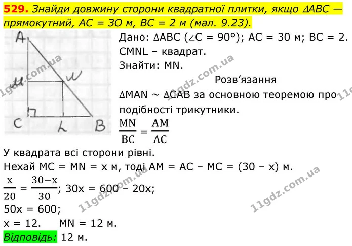 529. Знайди довжину сторони квадратної плитки, якщо ∆ABC — прямокутний, AC = ЗО м, BC = 2 м (мал. 9.23). — ГДЗ Геометрія 8 клас Бевз