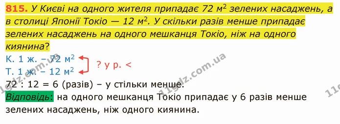 815. У Києві на одного жителя припадає 72 м2 зелених насаджень, а в столиці Японії Токіо — 12 м2. У скільки разів менше припадає — ГДЗ Математика 4 клас Лишенко 1-2 ч.