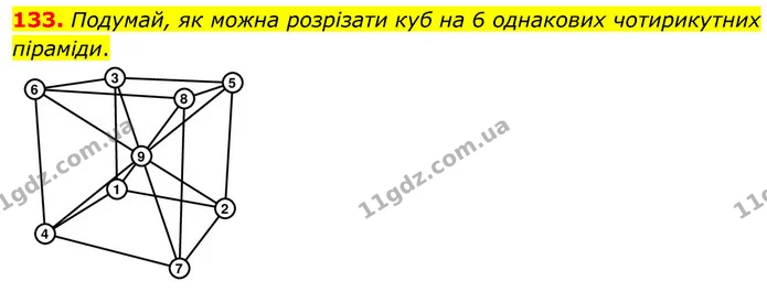 133. Подумай, як можна розрізати куб на 6 однакових чотирикутних піраміди. — ГДЗ Математика 6 клас Бевз 1-2 ч.