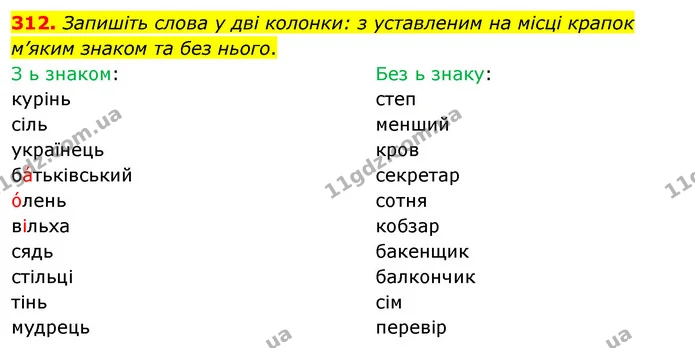 312. Запишіть слова у дві колонки: з уставленим на місці крапок м’яким знаком та без нього. — ГДЗ Українська мова 5 клас Глазова 2022