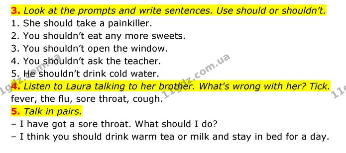 3. Look at the prompts and write sentences. Use should or shouldn’t. — ГДЗ Англійська мова 6 клас Мітчелл