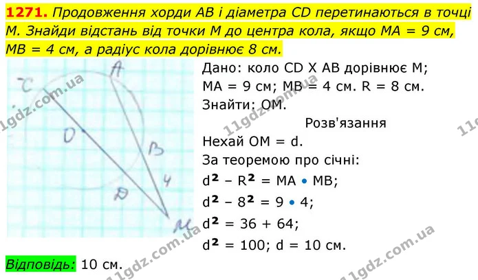 1271. Продовження хорди АВ і діаметра СD перетинаються в точці М. Знайди відстань від точки М до центра кола, якщо МА = 9 см, — ГДЗ Геометрія 8 клас Бевз