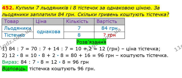 452. Купили 7 льодяників і 8 тістечок за однаковою ціною. За льодяники заплатили 84 грн. Скільки гривень коштують тістечка? — ГДЗ Математика 3 клас Листопад 1-2 ч.