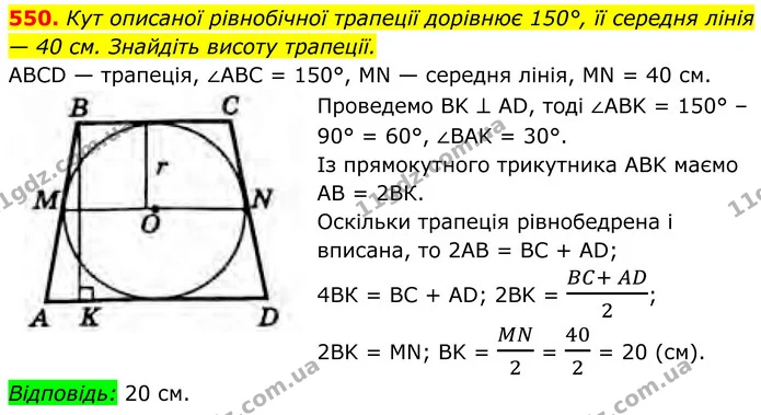 550. Кут описаної рівнобічної трапеції дорівнює 150°, її середня лінія — 40 см. Знайдіть висоту трапеції. — ГДЗ Геометрія 8 клас Бурда