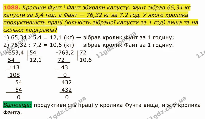 1088. Кролики Фунт і Фант збирали капусту. Фунт зібрав 65,34 кг капусти за 5,4 год, а Фант — 76,32 кг за 7,2 год. У якого кролика — ГДЗ Математика 5 клас Мерзляк