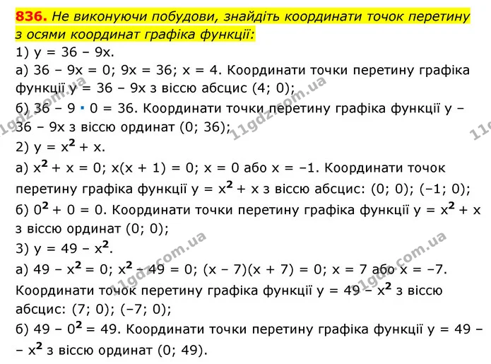 836. Не виконуючи побудови, знайдіть координати точок перетину — ГДЗ Алгебра 7 клас Мерзляк, Полонський 2015