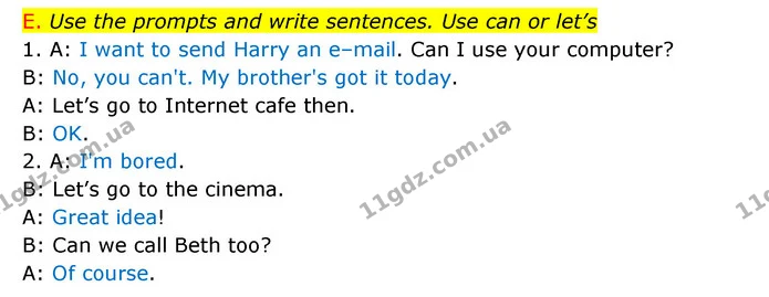 E. Use the prompts and write sentences. Use can or let’s — ГДЗ Зошит граматика Англійська мова Мітчелл