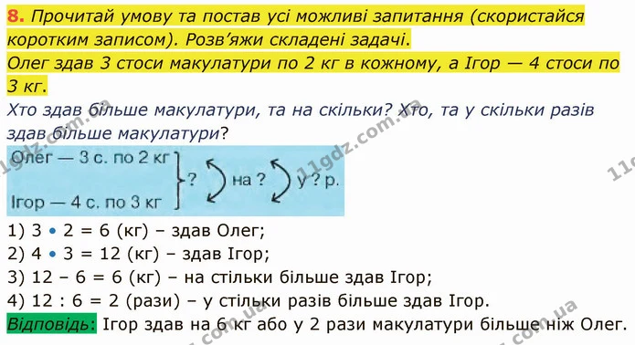 8. Прочитай умову та постав усі можливі запитання (скористайся коротким записом). Розв’яжи складені задачі. — ГДЗ Математика 3 клас Логачевська 1-2 ч.