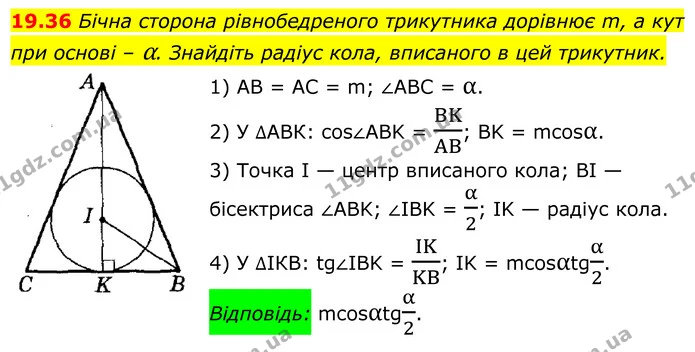 19.36 Бічна сторона рівнобедреного трикутника дорівнює m, а кут при основі – α. Знайдіть радіус кола, вписаного в цей трикутник. — ГДЗ Геометрія 8 клас Істер