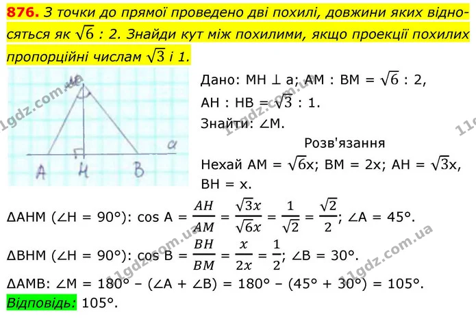 876. З точки до прямої проведено дві похилі, довжини яких відносяться як 6 : 2. Знайди кут між похилими, якщо проекції похилих — ГДЗ Геометрія 8 клас Бевз
