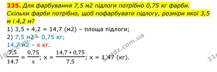 235. Для фарбування 7,5 м2 підлоги потрібно 0,75 кг фарби. Скільки фарби потрібно, щоб пофарбувати підлогу, розміри якої 3,5 м і 4,2 м? — ГДЗ Математика 6 клас Бевз 1-2 ч.