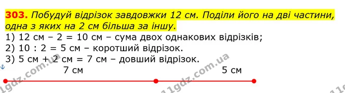 303. Побудуй відрізок завдовжки 12 см. Поділи його на дві частини, одна з яких на 2 см більша за іншу. — ГДЗ Математика 3 клас Лишенко (1, 2 частина)