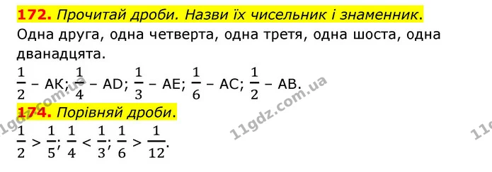 172. Прочитай дроби. Назви їх чисельник і знаменник. — ГДЗ Математика 4 клас Бевз 1 та 2 частини
