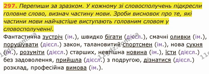 297. Перепиши за зразком. У кожному зі словосполучень підкресли головне слово, визнач частину мови. Зроби висновок про те, які частини — ГДЗ Українська мова 5 клас Онатій
