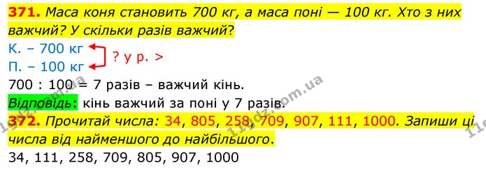 371. Маса коня становить 700 кг, а маса поні — 100 кг. Хто з них важчий? У скільки разів важчий? — ГДЗ Математика 4 клас Листопад