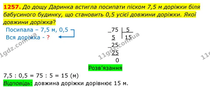 1257. До дощу Даринка встигла посипати піском 7,5 м доріжки біля бабусиного будинку, що становить 0,5 усієї довжини доріжки. Якої — ГДЗ Математика 5 клас Тарасенкова 2022