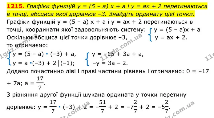 1215. Графіки функцій y = (5 – a) x + a і y = ax + 2 перетинаються — ГДЗ Алгебра 7 клас Мерзляк, Полонський 2015